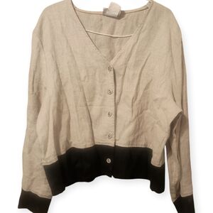 Women's Studio Ease Black & Tan Button Up Linen Long Sleeve Blouse, Sz 16